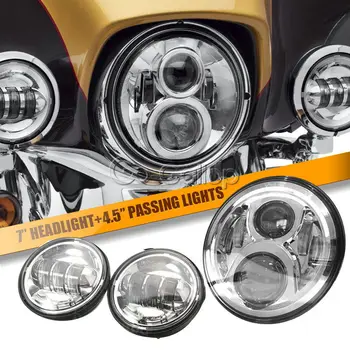 

1 Set 7" LED Chrome Round Projector Headlight + LED Passing lights For Harley Softail Road King Electra Street Glide Touring