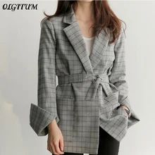 Новинка, модные куртки с бантиком, с разрезом на рукавах, весна-осень, офисный женский серый клетчатый Блейзер, элегантные офисные блейзеры для женщин