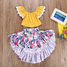 Комплекты одежды для девочек топ с открытыми плечами+ юбка с цветочным принтом; комплект принцессы из 2 предметов; одежда для детей