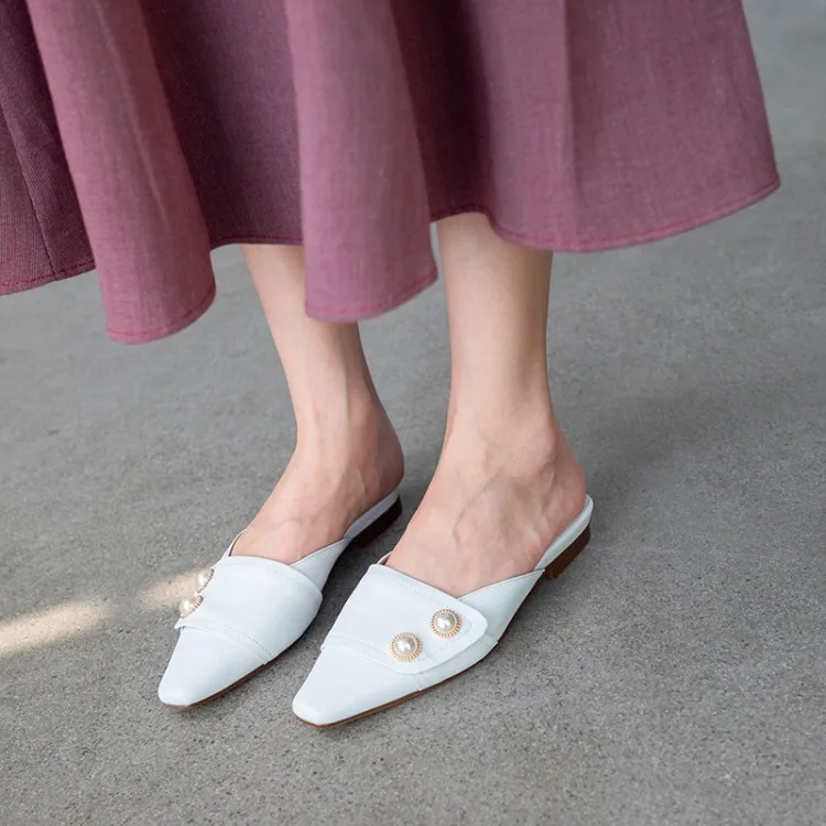 

MLJUESE 2019 women slippers cow leather summer square toe white color pearls square heel beaches sandals party dress wedding