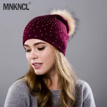 Фотография MNKNCL Rhinestones Double Layer Thick Warm Rabbit velvet Knitting Caps Mink Skullies Beanies Winter Hat Women Hats