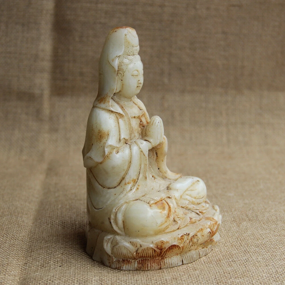 Китайский белый нефрит ручной резной сидя молиться Лотос гуаньин Кван-Инь статуя Бодхисаттвы