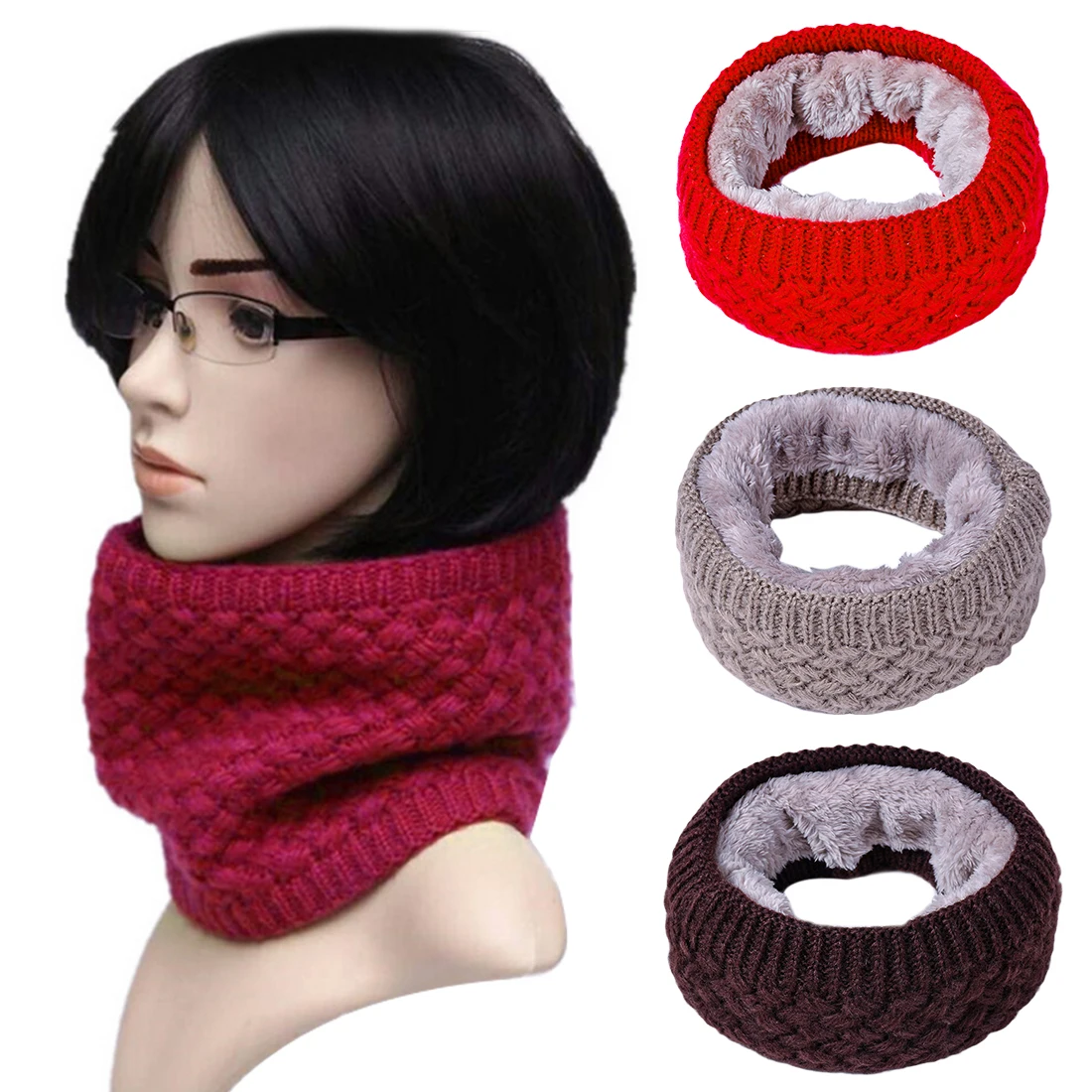 

1PC Women Solid Chunky Cable O Ring Knitted Wool Scarf Modis Neck Warmer Cowl Collar Circle Velvet Bib Winter Warm Sjaal Snood