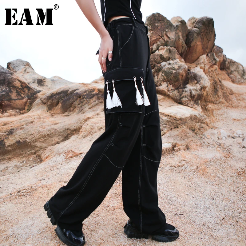 

[EAM] 2019 New Autumn Winter High Elastic Waist Loose Wide Leg Brief Tassel Personality Pants Women Trousers Fashion Tide JX951