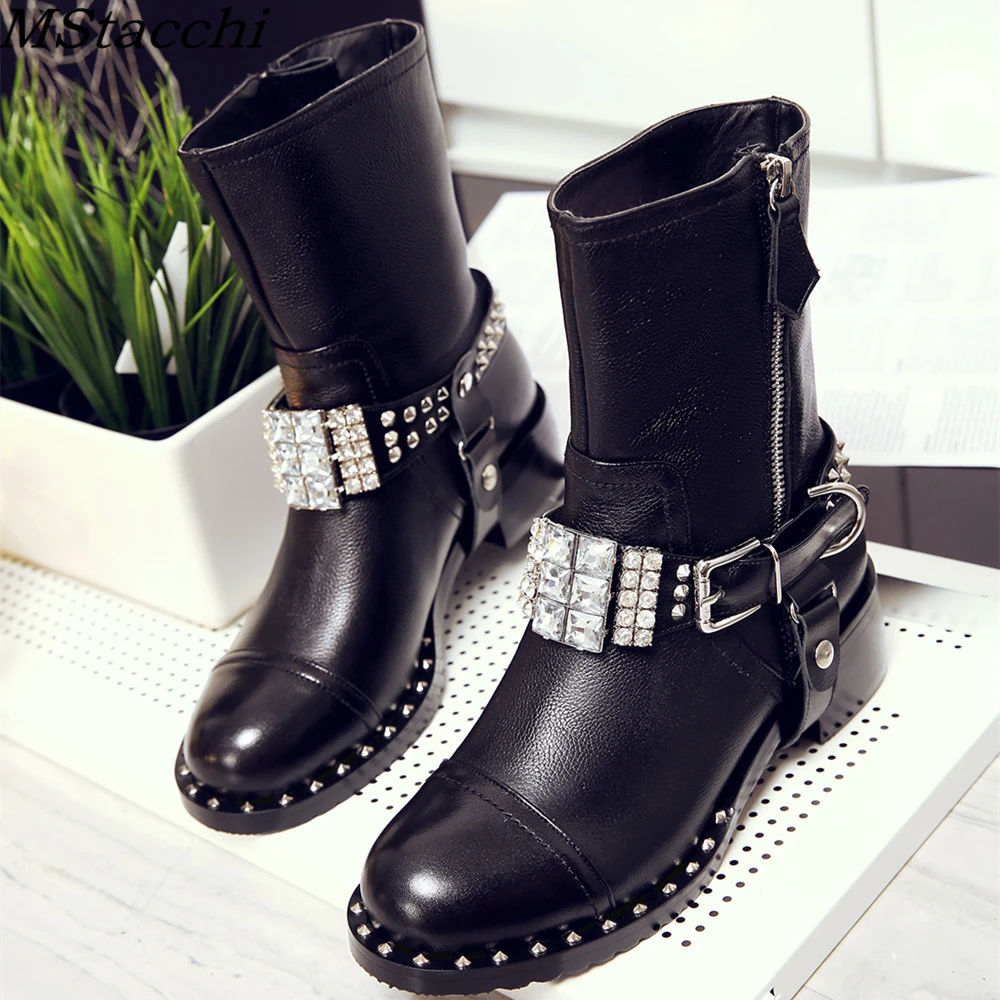 

MStacchi 2019 New Female Buckle Rivets Thick Heels Ankle Boots Genuine Leather + PU Boots Crystal Fashion Women Motorcycle Boots