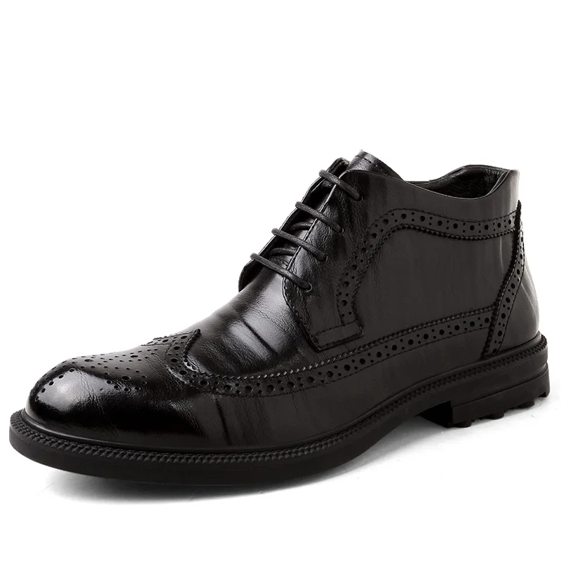 MVVT/мужские ботинки из натуральной кожи; оксфорды; модные зимние ботинки; мужские кожаные ботинки с перфорацией типа «броги» в деловом стиле; мужские Ботильоны; обувь - Цвет: Черный