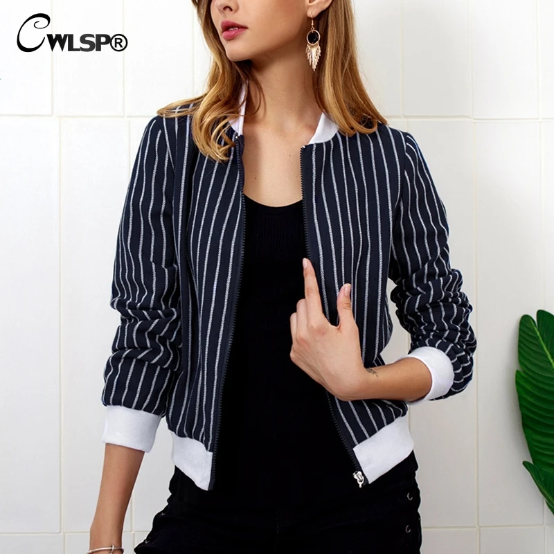 

CWLSP Autumn Women's Jacket Female Zipper Bomb Patchwork Striped Jackets Long Sleeve Coats Casual casaco feminino QL4135