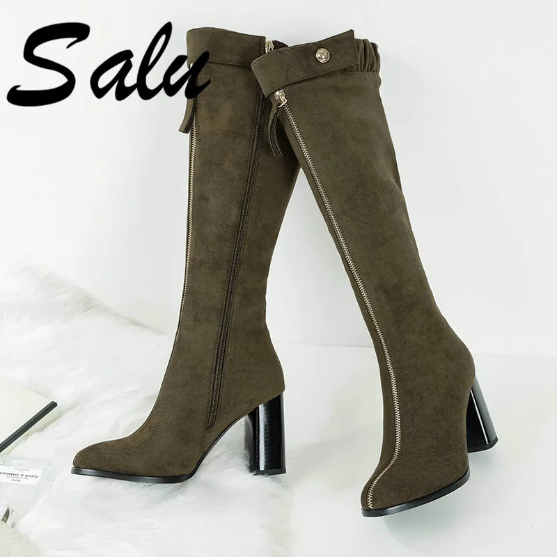 

Salu 2019 Women High Heels Over The Knee Boots Round Toe Elegant Autumn Boots Square Heels Zip Shoes Boots Size 34-39