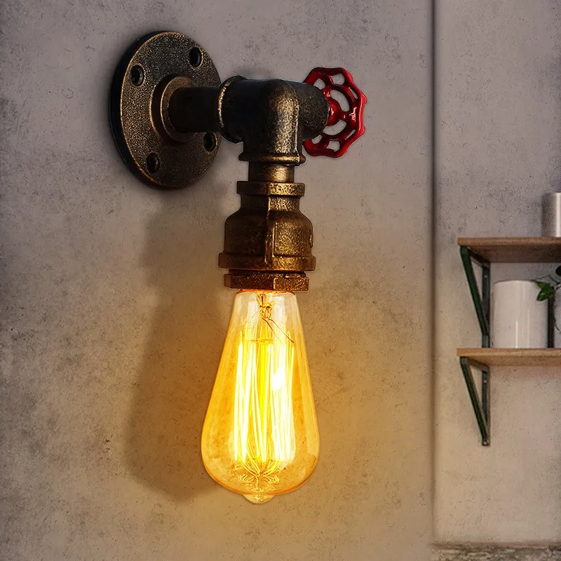 

E27 Retro Iron Water Pipe Wall Lamp Vintage Faucet Shape Wall Mount Light Bulb Base Houlder Gold Patina Black