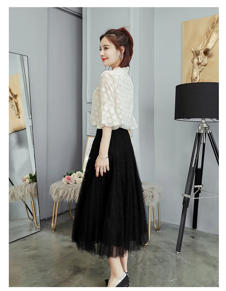 Trumpet Cuff Half Sleeve Bow Neckline Elegant Blouse Black Gauze Skirt Women 2 Piece Set Suit Summer Spring (5)