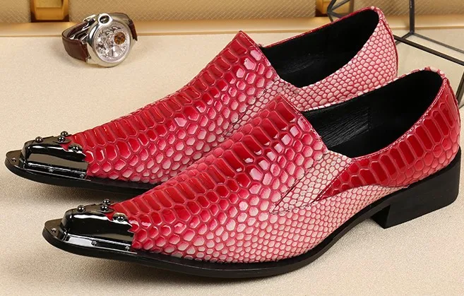 

2019 Spring/Autumn Metal Toe Men Red Leather Shoes Pointed Toe Slip-on Party/Wedding Men Shoes