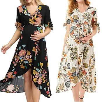 

Maternity Cotton Dresses Women's Pregnanty Short Sleeve Floral Print Frenulum Long Dress Premama Photography Props Soft Clothes