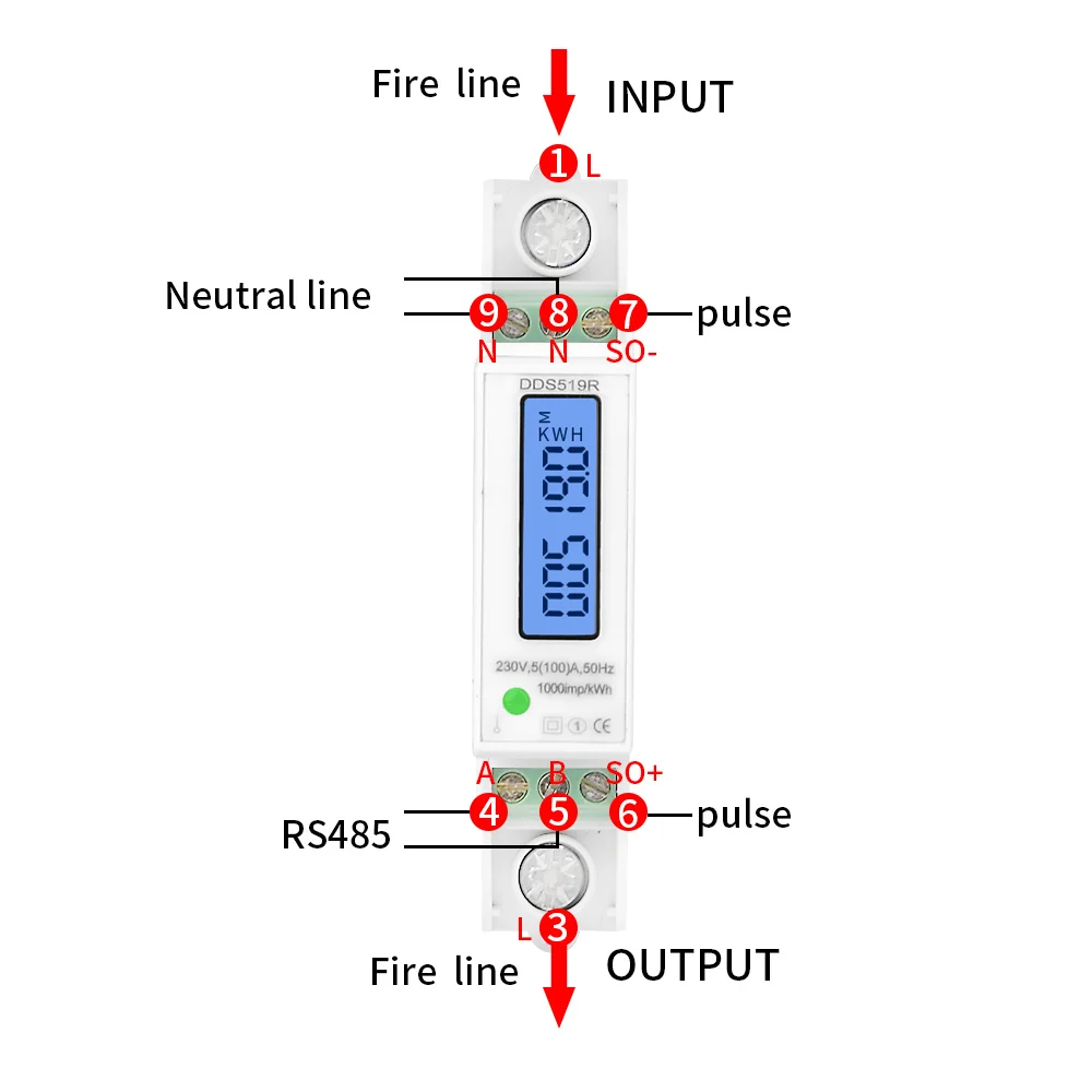 DDS519R однофазный ваттметр в счетчиках энергии кВтч метр Modbus счетчик энергии RS485 100A 1P ЖК-дисплей с голубой подсветкой