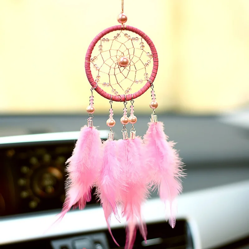 Розовый Хранитель снов ручной работы колокольчики Индийский стиль перо кулон Ловец снов автомобиль Висячие украшения