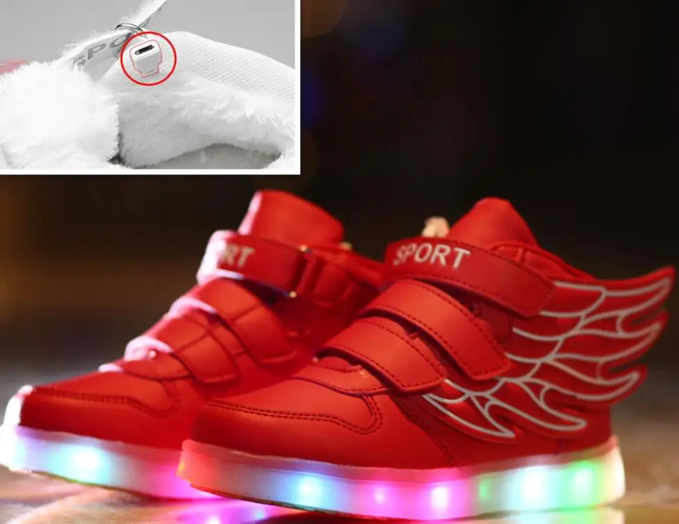 

2018 Brands LED luminous for kids children casual shoes glowing usb charging boys & girls sneaker light up Wing Add cotton Warm