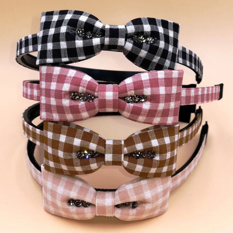 

Non-slip toothed hair girl tiara student headband fabric bow plaid headband Czech diamond Children's hair band hair accessories