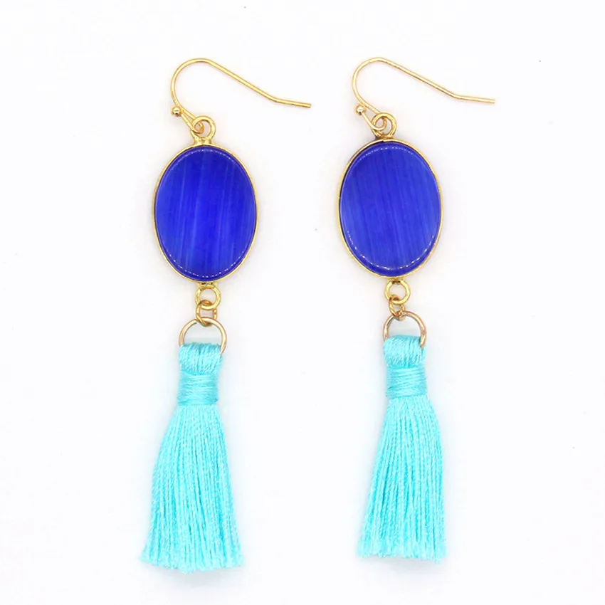 100-Unique 1 Pair Light Yellow Gold Color Oval Shape Blue Cat Eye Stone With Tassels Earrings Elegant Women's Earring | Украшения и