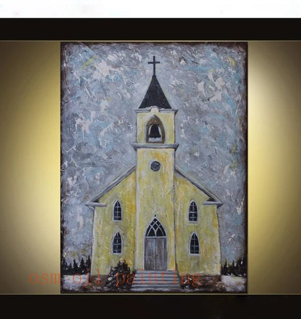 Free Shipping Handmade Wall Art Abstract Yellow Church Oil Painting on