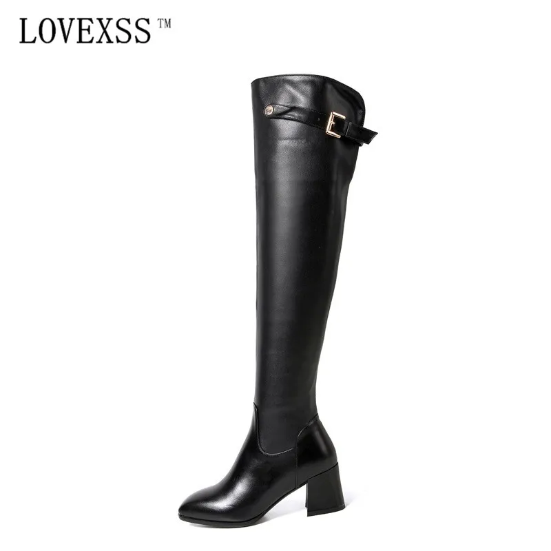 

LOVEXSS High Heel Over The Knee Boots Black Square Toe Buckle Woman Shoes 2017 Winter Short Plush High Heel Knee Boots