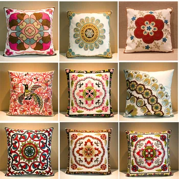 

Colorful Ethnic Hand-embroidered Cover Geometric Printed pillowcases Linen Cotton Pillow Covers Sofa 45x45cm Cushion Cover#74432