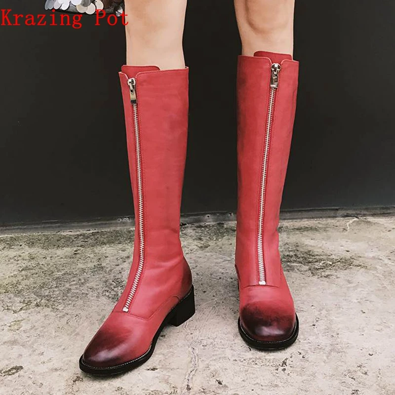 

Krazing Pot 2018 full grain leather med heels zipper decoration streetwear luxury gradient motorcycle long mid-calf boots L86