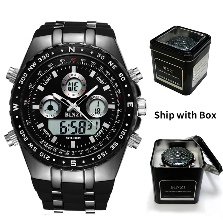 

Men Outdoor Sports Silicone Watch Band Dual Display Quartz Watch Stopwatch Backlight Alarm Waterproof Wrist Watch FREE WATCH BOX