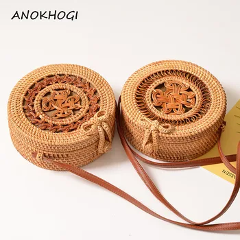 

Women Flower Woven Rattan Bag Summer Round Straw Shoulder Bag Small Hollow Handmade Beach Handbags Messenger Crossbody Bags B125