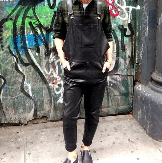 

27-44 !2017 men's clothing Autumn winter trousers PU bib pants ankle length trousers one piece trousers jumpsuit singer costumes