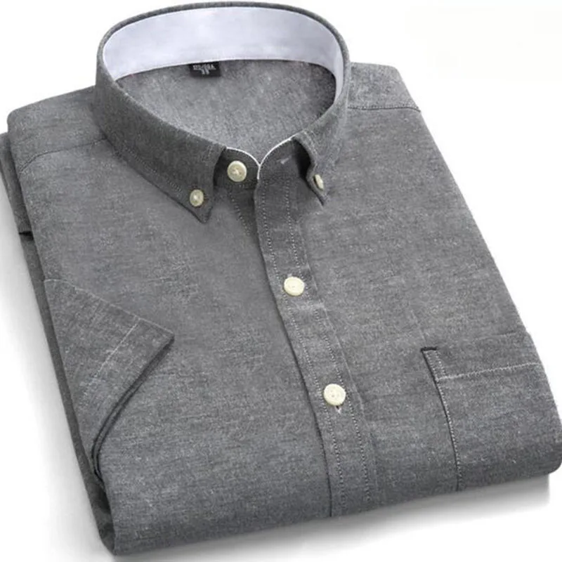 Летние модные мужские оксфордские рубашки с коротким рукавом из чистого хлопка, дышащие однотонные дышащие рубашки карамельного цвета Camisa - Цвет: gray