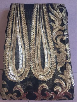 

Unique paillette fabric/mesh sequins fabrics/french net lace fabric FL1766 black gold color wedding party dress FL1766