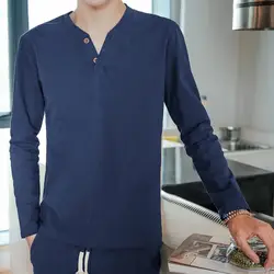 V-образным вырезом Осень Новые свободные рубашка для досуга для Для мужчин китайский Стиль мода плюс Размеры мужской Топы корректирующие CD50