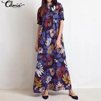 

Women Maxi Long Dress Celmia 2020 Summer Bohemian Floral Print Deess Short Sleeve Casual Loose Buttons Party Vestidos Plus Size