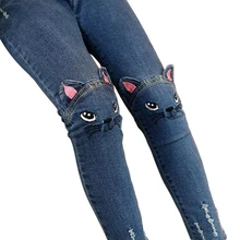 Джинсы для маленьких девочек; милые детские джинсы с объемным рисунком; сезон весна-осень; детские брюки высокого качества с милым котиком; повседневные брюки для детей