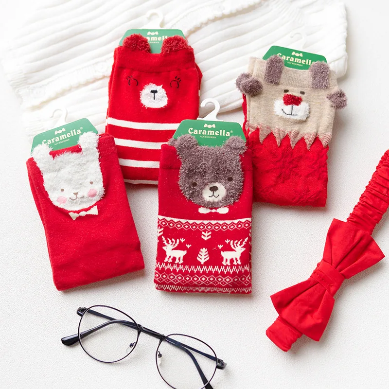 

Caramella Women Cotton Casual Socks Ladies Female Girl Men Christmas Gift Hosiery Red Striped Cartoon Sock Rabbit Bear Red Sox