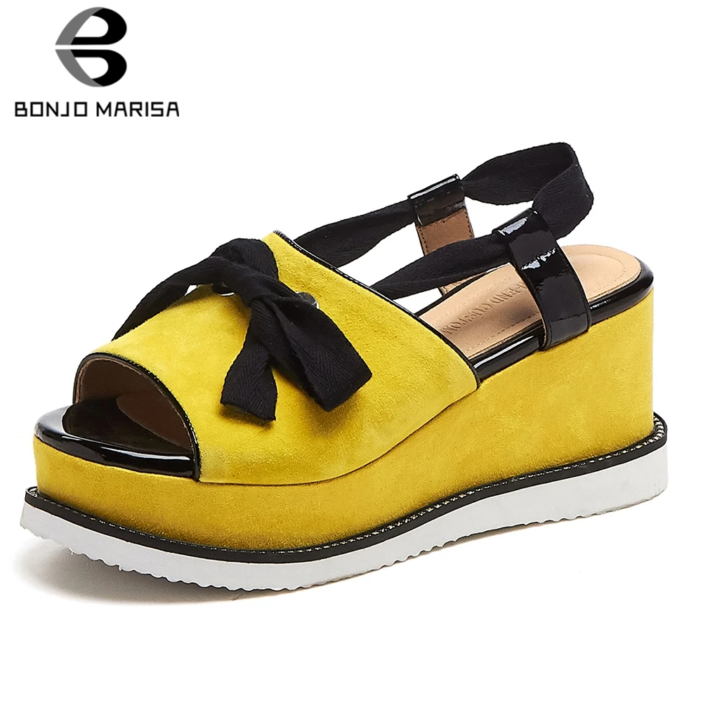 

BONJOMARISA Sweet Butterfly Knot Kid Suede Sadanls Woman Flat Platform Wedges Shoes Sandals Woman High Heels Women Shoes Woman