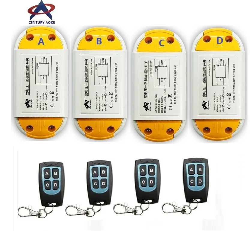 

AC220V 110V 85-240V 1CH 10A RF Wireless Remote Control Switch System 4 A4 transmitter & 4 receiver Smart Home Switch