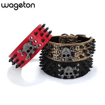 

Wageton Dog Collar Spiked Studded Wide Leather Skull Pattern Pet Collars Varied Colors for Puppies Small Medium Large Dogs