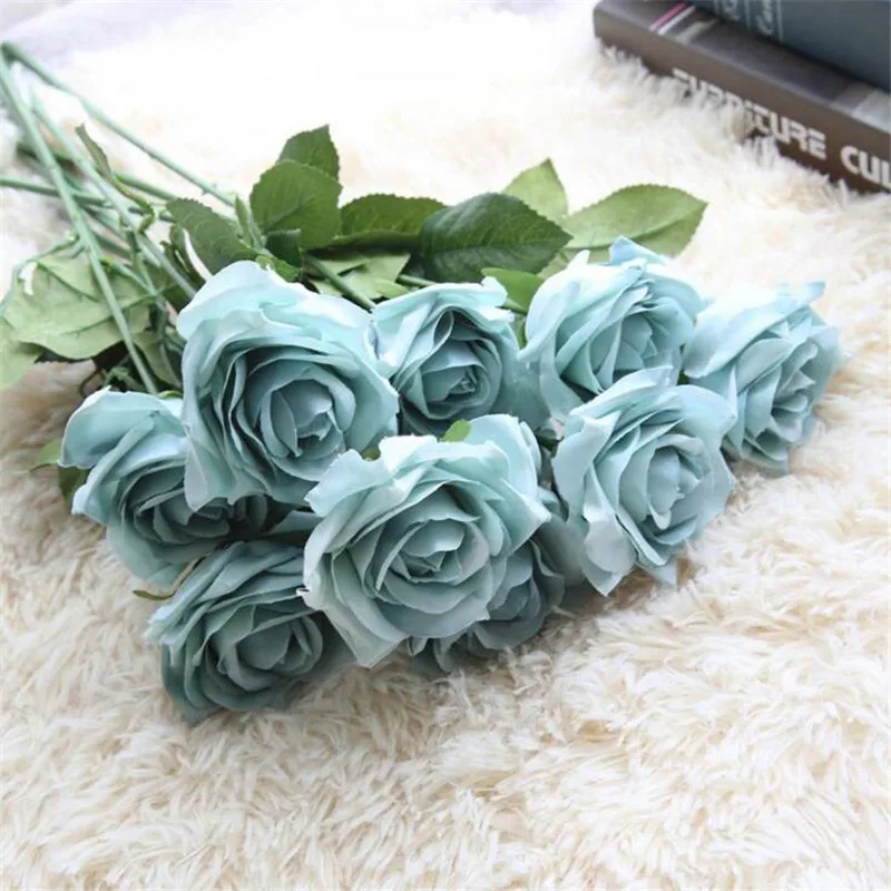 

43CM Blue Rose Bouqet 12PCS Artificial Flower Fake Flower Bouquet For Wedding Home Table Decoration 43CM