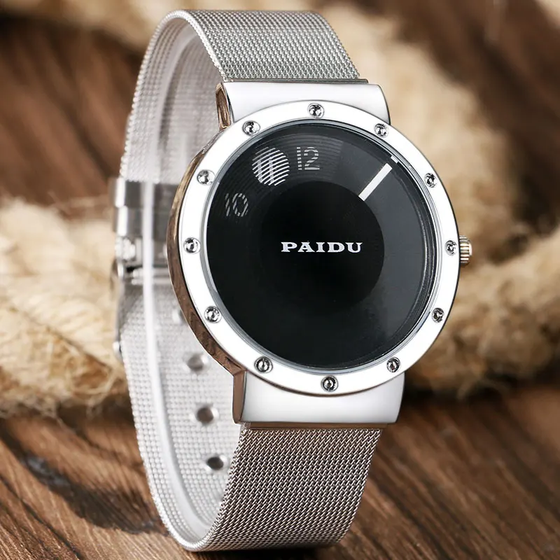 

New PAIDU Brand Black White Turntable Creative Number Dial Design Men Women Casuacal Watches Mesh Stainless Steel Band