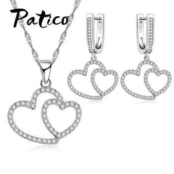 

Romantic Double Hollow Love Heart Design Jewelry Sets 925 Sterling Silver for Women Bridal Wedding Necklace Earrings