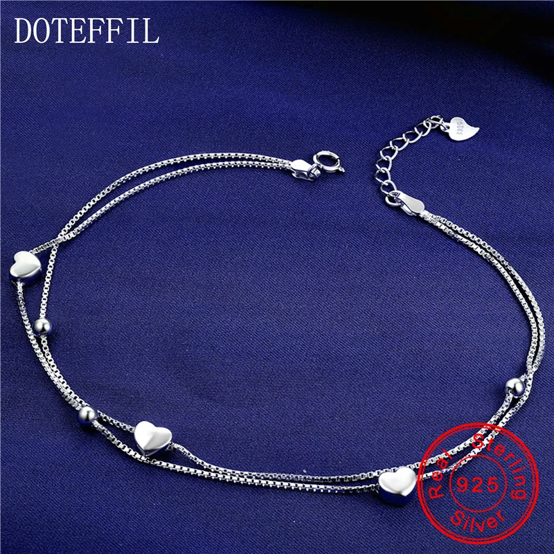 

New 925 Silver Anklet Woman Charm Heart Pendant 100% Silver Anklet 3mm Bead Luxury Jewelry