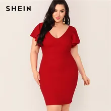 Шеин размера плюс, Красное Облегающее платье с молнией на спине и рюшами,, женское летнее элегантное облегающее платье-карандаш с рукавом-бабочкой и v-образным вырезом, плюс платье