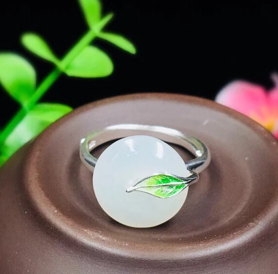 Натуральное кольцо Hotan Baiyu S925 с инкрустацией из серебра безопасное зеленым листом