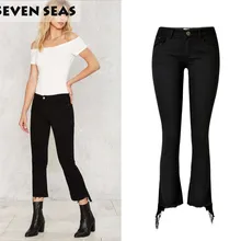 Модные женские черные женские джинсы клёш Винтаж неровные края Ленточки джинсы Femme эластичные джинсовые штаны