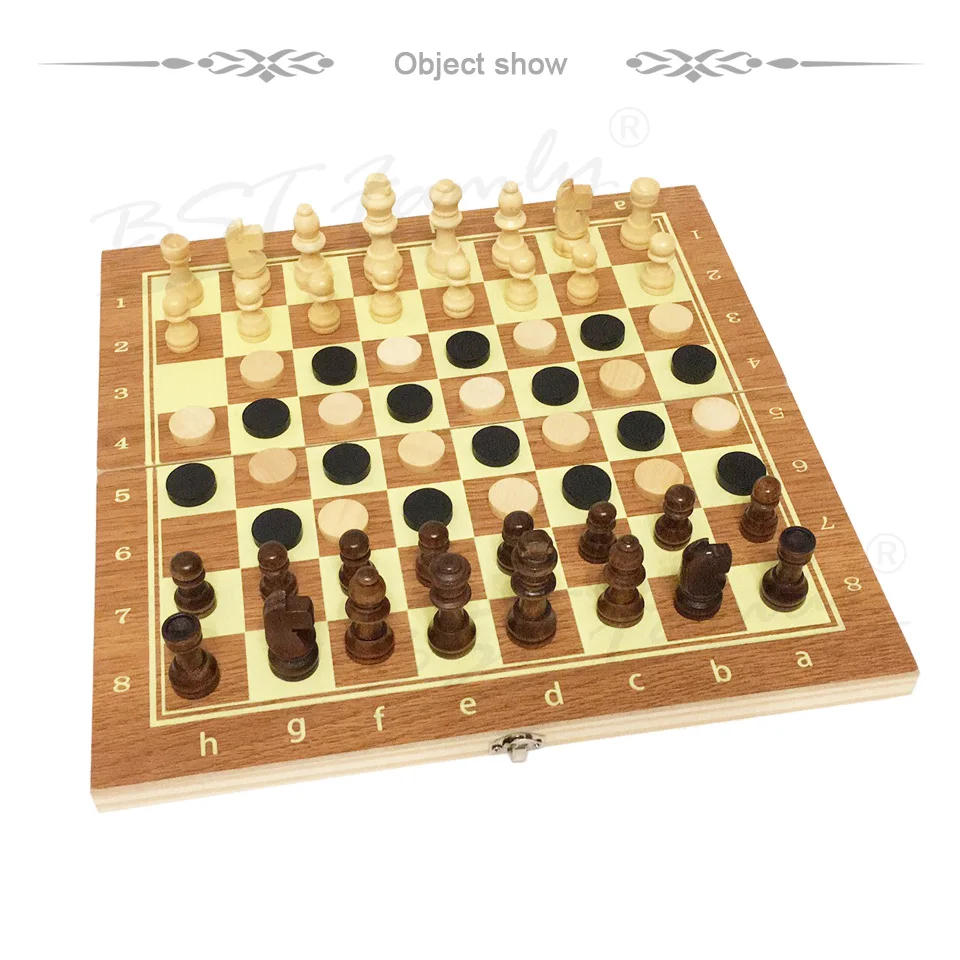 BSTFAMLY 3 in 1 wood chess set portable game international chess checkers backgammon three kinds gameplay game LA3
