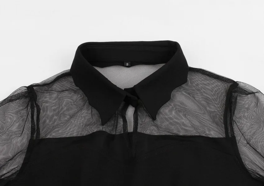 S-4XL размера плюс женское готическое сексуальное мини-платье осеннее черное Сетчатое лоскутное просвечивающее с расклешенными рукавами ДРАПИРОВАННОЕ элегантное вечернее платье