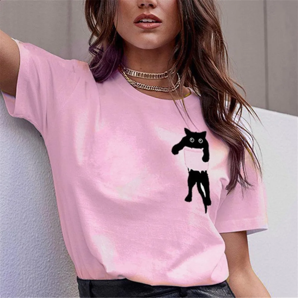

Fashion Summer Women Cat Print T-shirt Loose Short Sleeve Shirt Casual Simple Pullover Tops Cute O-Neck T Shirt poleras de muje