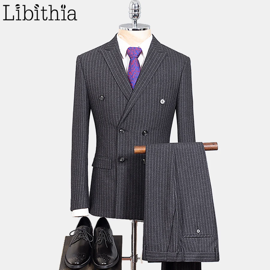 

Men's Stripe 3 Pieces Wool Suits High Quality Double Breasted Suits Formal Slim Jackets Pants Vest Luxury Dark Grey Menswear A27