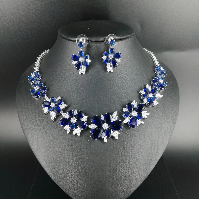 

2019 NEW Luxury fashion popular blue zircon flower necklace earrings sets bride wedding formal dress banquet model jewelry