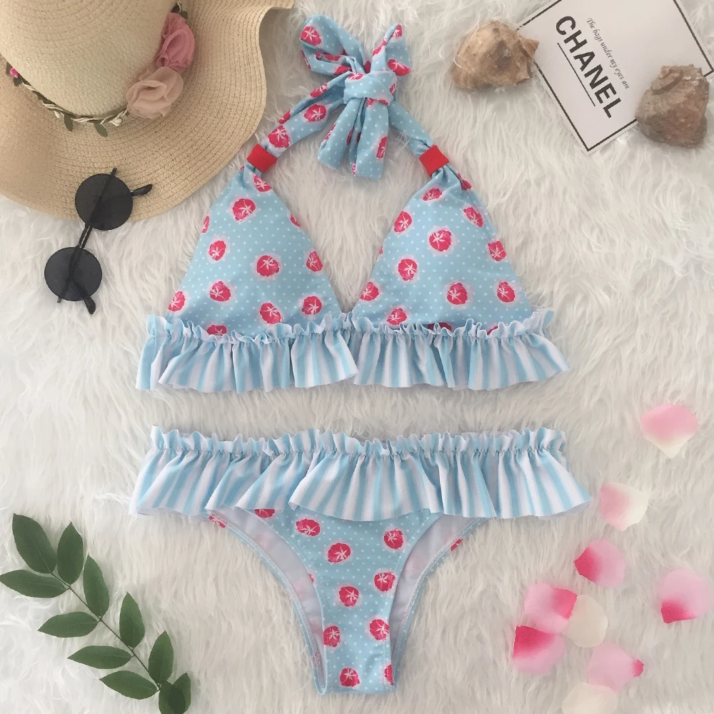 

Floral Swimsuit 2018 Sexy Bikinis Women Swimwear Ruffle Vintage Bandeau Striped Bottom Bikini Set Bathing Suits